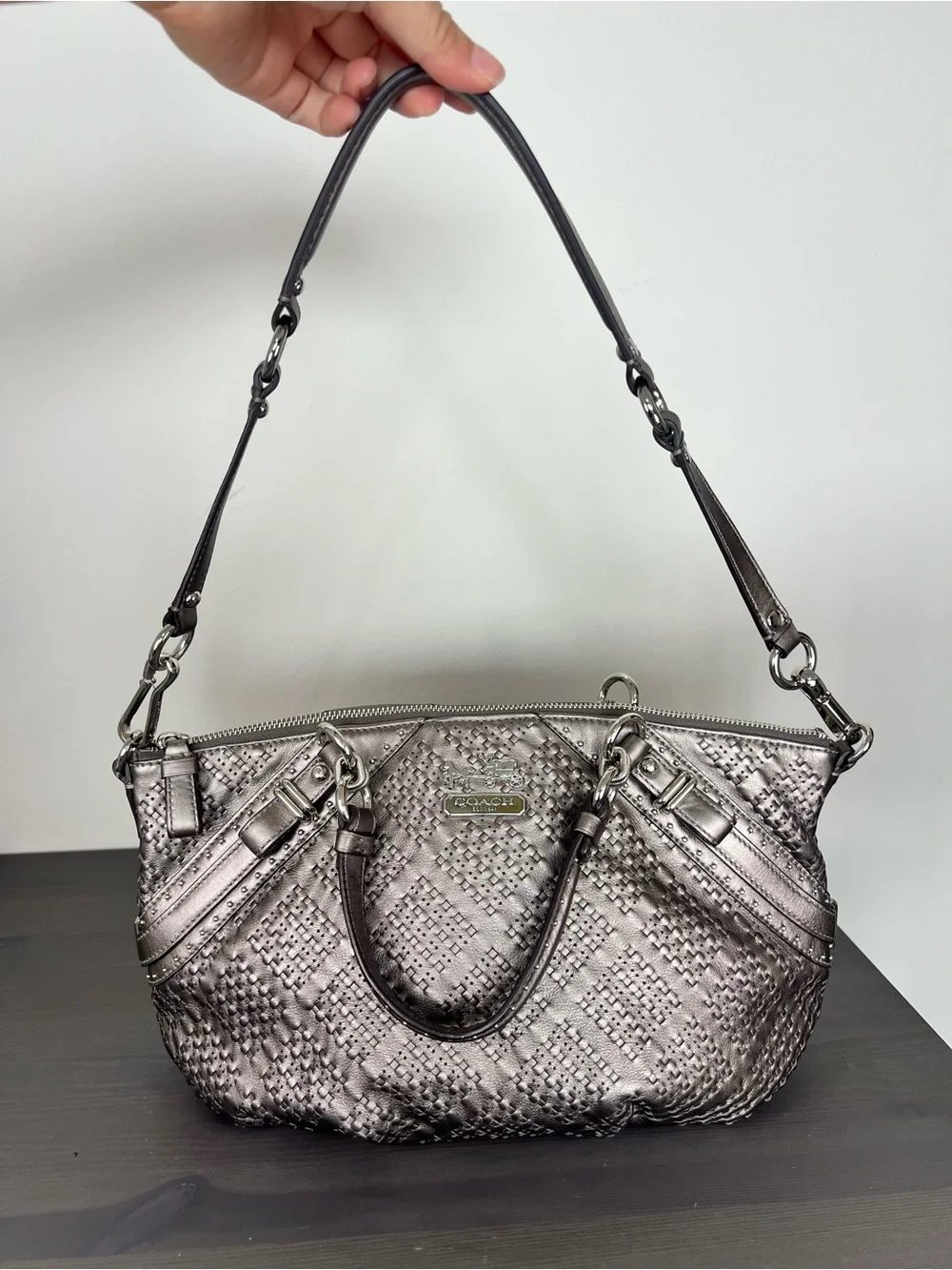 Coach Madison Sophia Pewter Woven Leather Satchel Gun Metal Bag
